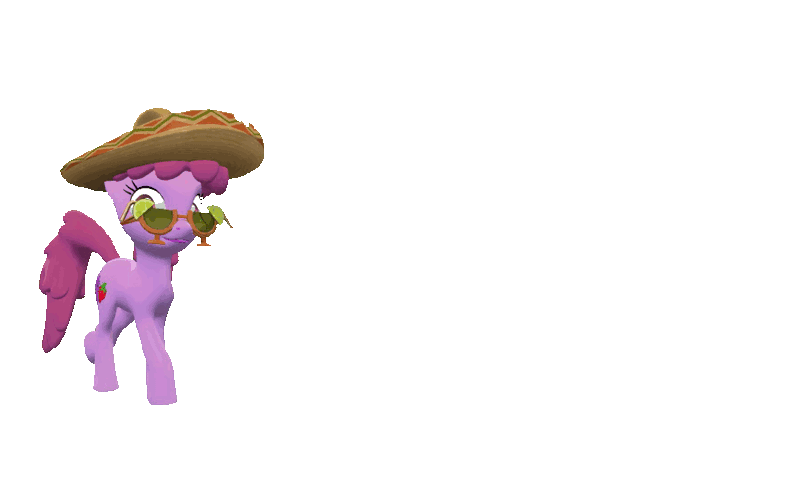 Size: 885x540 | Tagged: safe, derpibooru import, berry punch, berryshine, 3d, animated, conga, demoberry, demoman, gif, hat, image, looking at you, simple background, smiling, smiling at you, sombrero, stumbling, sunglasses, transparent background