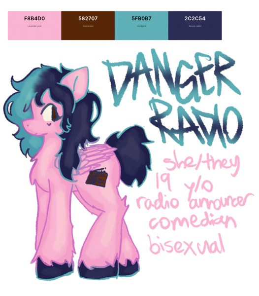 Size: 933x1064 | Tagged: safe, artist:clandestine, derpibooru import, oc, oc:danger radio, unofficial characters only, pegasus, pony, color palette, derpibooru exclusive, dyed mane, e-girl, eyeliner, folded wings, image, looking back, makeup, name, png, pony oc, pronouns, reference sheet, simple background, solo, standing, transparent background, unshorn fetlocks, wings