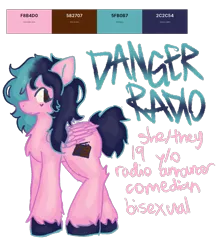 Size: 933x1064 | Tagged: safe, artist:clandestine, derpibooru import, oc, oc:danger radio, unofficial characters only, pegasus, pony, color palette, derpibooru exclusive, dyed mane, e-girl, eyeliner, folded wings, image, looking back, makeup, name, png, pony oc, pronouns, reference sheet, simple background, solo, standing, transparent background, unshorn fetlocks, wings