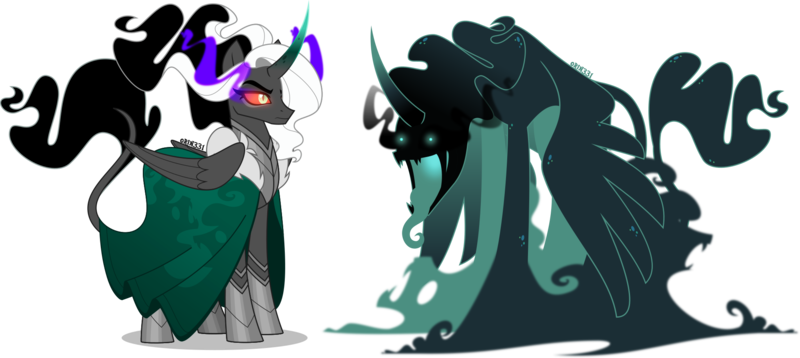 Size: 2000x894 | Tagged: safe, artist:orin331, derpibooru import, rabia, alicorn, pony, umbrum, alternate universe, armor, cape, clothes, curved horn, dark magic, ethereal mane, eye mist, floating, glow, glowing eyes, horn, image, leonine tail, magic, open mouth, png, redesign, simple background, sombra eyes, standing, tail, transparent background