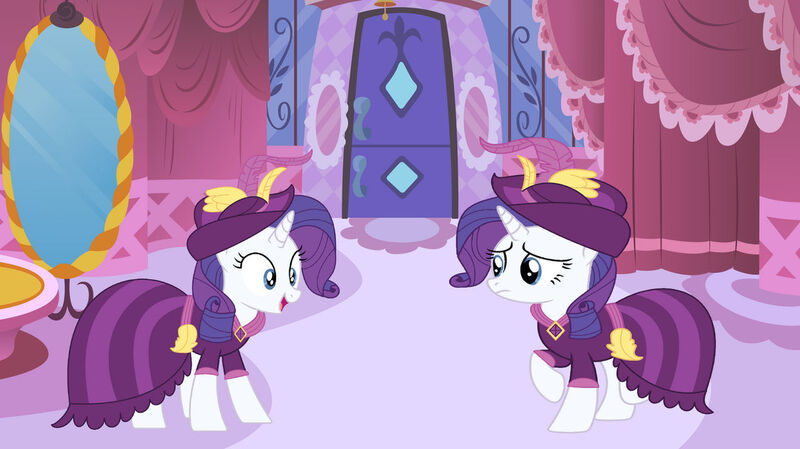 Size: 1280x718 | Tagged: safe, artist:bomberchif, artist:boneswolbach, artist:brightstar40k, artist:cartoonmasterv3, derpibooru import, rarity, changeling, pony, unicorn, base used, carousel boutique, clothes, coronation dress, doubles, dress, duo, female, hat, horn, image, impostor, jpeg, mare, oh my, oh no, open mouth, open smile, smiling, uh oh, worried