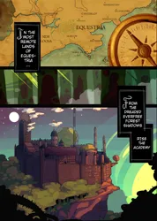 Size: 2000x2814 | Tagged: safe, artist:lumo, derpibooru import, comic:lumo's pony academy, fanfic:where the world ends, academy, castle, cliff, comic, compass, engrish, forest, image, map, nature, png, pony academy (chapter 1), text, tree