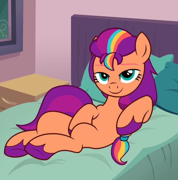 Size: 2374x2410 | Tagged: safe, artist:shieldwingarmorofgod, derpibooru import, sunny starscout, earth pony, g5, bed, bedroom, bedroom eyes, female, g4, g5 to g4, generation leap, image, png, smiling