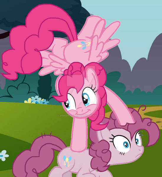 Size: 855x935 | Tagged: safe, artist:pinkienaturepie, derpibooru import, mean pinkie pie, pinkie pie, pegasus, the mean 6, acrobatics, clone, defeat, female, g4, image, jpeg, obtrusive watermark, pegasus pinkie pie, race swap, watermark