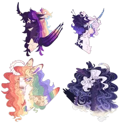 Size: 3248x3330 | Tagged: safe, artist:sleepy-nova, derpibooru import, princess celestia, princess luna, rarity, twilight sparkle, alternate design, bust, colored wings, curved horn, facial hair, goatee, horn, image, multicolored wings, png, pon, portrait, simple background, transparent background, wings