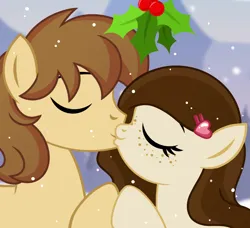 Size: 1200x1095 | Tagged: safe, artist:jennieoo, derpibooru import, oc, pony, commission, female, freckles, image, kiss on the lips, kissing, male, mare, mistletoe, png, snow, snowfall, solo, stallion, vector, ych example, ych result, your character here