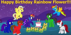 Size: 7875x3860 | Tagged: safe, artist:star-armour95, derpibooru import, oc, oc:llumi knight, oc:michelle lightheart, oc:rainbow flower, oc:scotty scorpion, oc:shield wing, oc:sky shine, oc:star armour, unofficial characters only, birthday cake, cake, female, food, g4, happy birthday, image, male, png