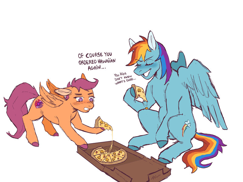 Size: 4000x3000 | Tagged: safe, artist:medictastic, derpibooru import, rainbow dash, scootaloo, pegasus, pony, dialogue, female, filly, floppy ears, foal, food, g4, image, jpeg, mare, pineapple, pineapple pizza, pizza, pizza box, smiling