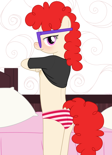 Size: 2359x3263 | Tagged: questionable, artist:tolpain, banned from derpibooru, ponerpics import, ponybooru import, twist, anthro, pony, bedroom eyes, blushing, breasts, clothes, delicious flat chest, female, foal, foalcon, glasses, image, lolicon, panties, png, shirt, striped underwear, t-shirt, underage, underwear, undressing