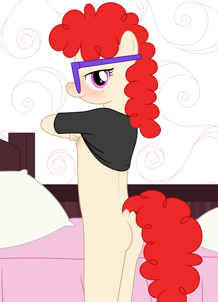Size: 2359x3263 | Tagged: questionable, artist:tolpain, banned from derpibooru, ponerpics import, ponybooru import, twist, anthro, pony, bedroom eyes, blushing, breasts, butt, buttcheeks, clothes, delicious flat chest, female, foal, foalcon, glasses, image, lolicon, png, shirt, t-shirt, underage, undressing