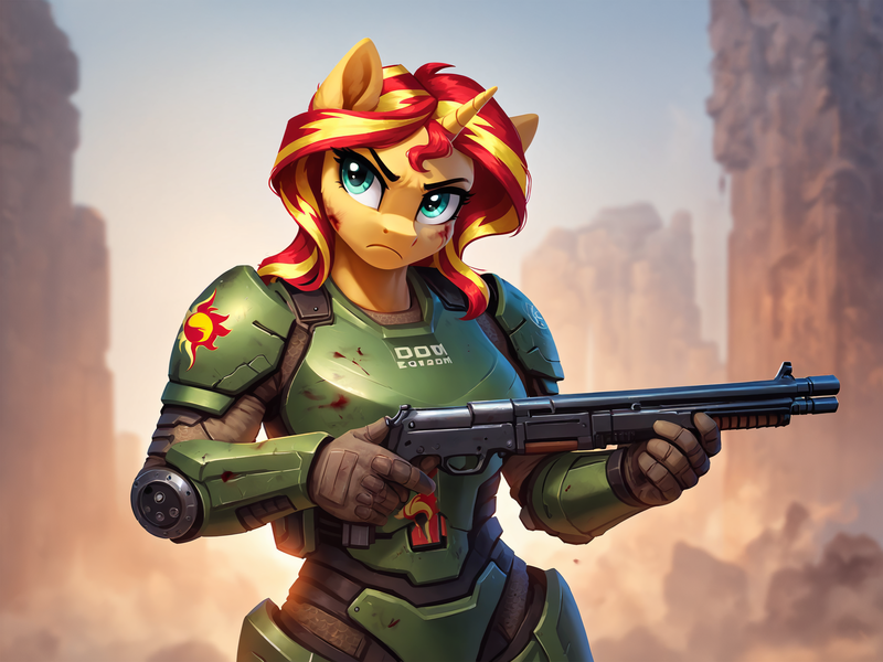 Size: 2048x1536 | Tagged: questionable, semi-grimdark, ai content, derpibooru import, machine learning generated, prompter:demose, stable diffusion, sunset shimmer, anthro, angry, armor, blood, blood on face, blood stains, doom, generator:pony diffusion v6 xl, gun, hellscape, image, png, power armor, scowl, scuff mark, shotgun, solo, weapon