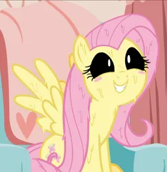 Size: 913x938 | Tagged: safe, artist:trixxiefloof, derpibooru import, edit, edited screencap, screencap, fluttershy, oc, oc:fluttergoop, goo, goo pony, original species, pegasus, pony, black sclera, blushing, image, png, smiling, solo