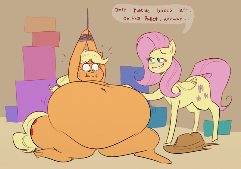 Size: 2000x1406 | Tagged: questionable, artist:polofastter, artist:secretgoombaman12345, derpibooru import, part of a set, applejack, fluttershy, earth pony, pegasus, pony, :t, abstract background, amplejack, applefat, applejack's hat, belly, belly button, big belly, blushing, bondage, bound wrists, chubby cheeks, colored sketch, cowboy hat, dialogue, duo, duo female, evil fluttershy, fat, fat fetish, feedee, feeder, female, fetish, g4, grin, growth, hat, hoof on belly, huge belly, image, impossibly large belly, morbidly obese, nervous, nervous grin, obese, physique difference, png, restrained, sadism, sinister smile, sketch, smiling, stuffed belly, stuffing, sweat, sweatdrop, talking to viewer, weight gain, worried