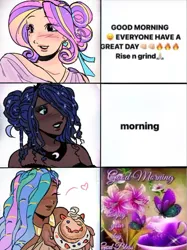 Size: 736x983 | Tagged: safe, artist:dulcesilly, derpibooru import, princess cadance, princess celestia, princess luna, human, bust, cup, dark skin, dreadlocks, female, flower, food, hair over one eye, heart, humanized, image, jpeg, light skin, lipstick, pancakes, smiling, teacup, text, trio