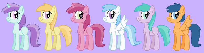 Size: 2275x594 | Tagged: safe, artist:maddiewondermanforever36, cotton cloudy, first base, liza doolots, noi, petunia, ruby pinch, tootsie flute, earth pony, pegasus, pony, unicorn, adorabase, adult blank flank, alternate mane six, alternate universe, aura (g4), aurabetes, blank flank, closed mouth, cottonbetes, cute, female, filly six, g4, girly girl, group, image, lavender background, mare, noiabetes, older, older aura (g4), older cotton cloudy, older first base, older liza doolots, older noi, older petunia, older ruby pinch, older tootsie flute, pegasus first base, pinchybetes, png, race swap, sextet, simple background, smiling, tomboy, tootsie cute