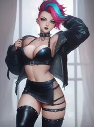 Size: 992x1344 | Tagged: suggestive, ai content, derpibooru import, editor:sammykun, machine learning generated, stable diffusion, zipp storm, human, g5, bare shoulders, belly button, belt, breasts, busty zipp storm, choker, cleavage, clothes, female, fishnet clothing, g4, generator:pony diffusion v6 xl, generator:purplesmart.ai, goth, humanized, image, indoors, jacket, jpeg, latex top, lipstick, midriff, piercing, prompter:sammykun, shirt, short hair, short shirt, skirt, sleeveless, sleeveless shirt, smiling, socks, stockings, stupid sexy zipp storm, tanktop, thigh highs