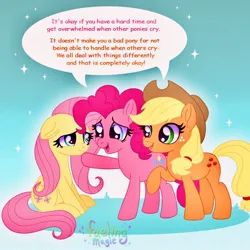 Size: 1500x1500 | Tagged: safe, artist:faelingmagic, derpibooru import, applejack, fluttershy, pinkie pie, earth pony, pegasus, pony, comforting, cute, female, film grain, folded wings, g4, image, jpeg, looking at each other, looking at someone, mare, positive ponies, raised hoof, signature, sitting, sparkles, speech bubble, standing, trio, upset, wings