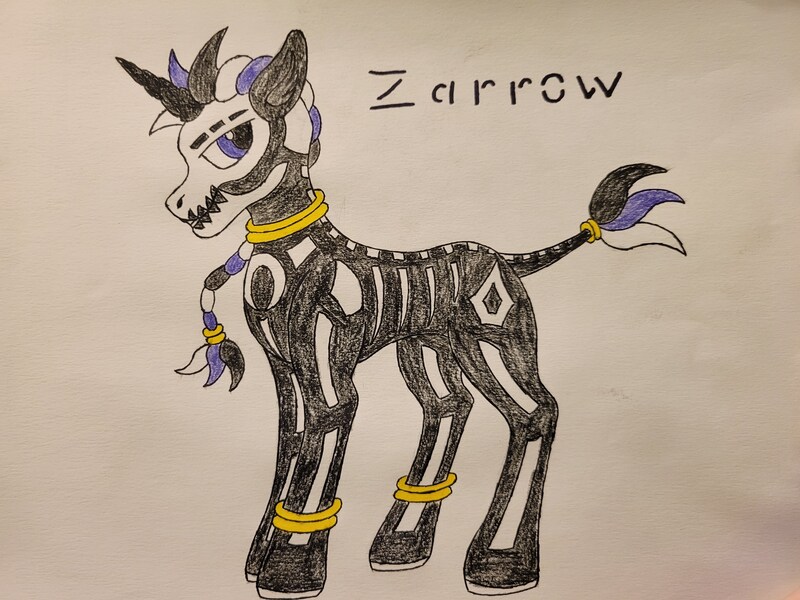 Size: 4032x3024 | Tagged: safe, artist:veprem, derpibooru import, oc, oc:zarrow, unofficial characters only, hybrid, pony, zony, colored, concave belly, fit, horn, image, jewelry, jpeg, male, slender, stallion, thin, traditional art, zony oc