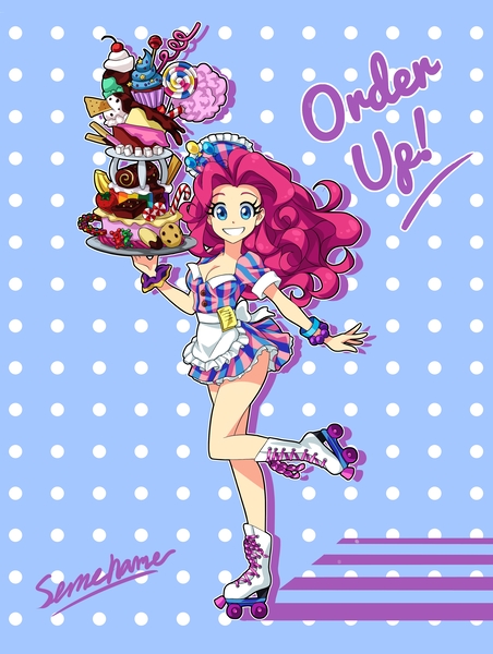 Size: 3387x4500 | Tagged: safe, artist:semehammer, derpibooru import, pinkie pie, human, art pack:my little sweetheart, abstract background, apron, breasts, busty pinkie pie, candy, cleavage, clothes, cookie, cotton candy, cupcake, curly hair, dress, female, food, g4, hilarious in hindsight, humanized, ice cream, image, jpeg, lollipop, looking at you, my little sweetheart, roller skates, server pinkie pie, skates, skating, slender, solo, thin, this will end in weight gain, waitress, working