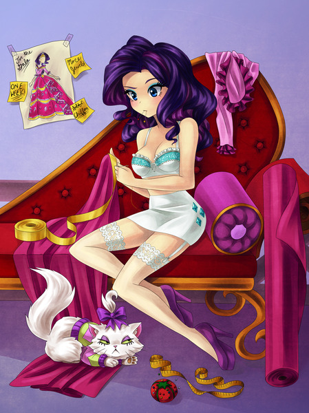 Size: 2448x3271 | Tagged: safe, artist:semehammer, derpibooru import, opalescence, rarity, human, art pack:my little sweetheart, clothes, fainting couch, female, g4, high heels, humanized, image, jpeg, measuring tape, mouth hold, my little sweetheart, needle, sexy, shoes, sitting