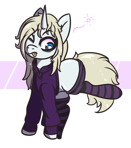 Size: 833x945 | Tagged: safe, artist:lazerblues, derpibooru import, oc, oc:synthwave, pony, unicorn, bags under eyes, clothes, hoodie, horn, image, png, socks, stretching