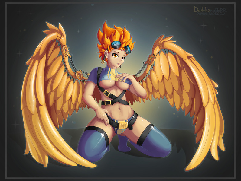 Size: 3375x2540 | Tagged: suggestive, alternate version, artist:don-ko, derpibooru import, spitfire, human, art pack:my little sweetheart, artificial wings, augmented, belly button, breasts, busty spitfire, clothes, female, g4, humanized, image, jpeg, mechanical wing, my little sweetheart, sexy, socks, solo, solo female, stockings, stupid sexy spitfire, thigh highs, underboob, wide hips, winged humanization, wings, wonderbolts stockings