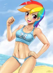 Size: 2291x3150 | Tagged: suggestive, artist:johnjoseco, derpibooru import, rainbow dash, human, art pack:my little sweetheart, armpits, beach, belly, belly button, bikini, breasts, clothes, collarbone, female, fit, g4, high res, humanized, image, jpeg, midriff, my little sweetheart, slender, solo, solo female, swimsuit, thin