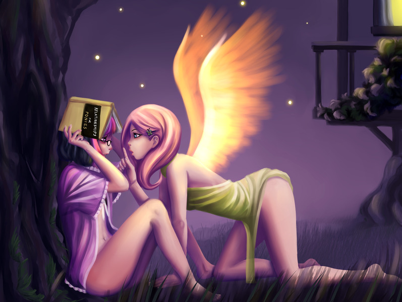 Size: 3300x2483 | Tagged: suggestive, artist:ninjaham, derpibooru import, fluttershy, twilight sparkle, human, art pack:my little sweetheart, all fours, artificial wings, augmented, barefoot, belly button, book, bottomless, breasts, clothes, dress, eye contact, feet, female, g4, glasses, humanized, image, jpeg, lesbian, looking at each other, looking at someone, magic, magic wings, my little sweetheart, partial nudity, shhh, ship:twishy, shipping, sitting, spread wings, winged humanization, wings