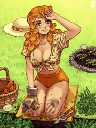 Size: 2536x3375 | Tagged: suggestive, artist:emlan, derpibooru import, carrot top, golden harvest, human, art pack:my little sweetheart, blushing, breasts, busty carrot top, carrot top's garden, cleavage, clothes, curvy, dirt, dirty, female, front knot midriff, g4, garden, gloves, grin, humanized, image, jpeg, kneeling, looking at you, midriff, mud, my little sweetheart, pinup, shorts, smiling, solo, solo female, sweat