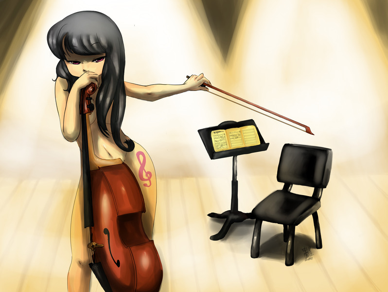 Size: 3300x2480 | Tagged: suggestive, artist:chinad011, derpibooru import, octavia melody, human, art pack:my little sweetheart, artistic nudity, belly button, bow (instrument), breasts, cello, cello bow, censored vulva, chair, covering, cutie mark on human, female, g4, humanized, image, jpeg, music stand, musical instrument, my little sweetheart, nudity, sheet music, solo, solo female, spotlight, stage, strategically covered