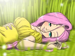 Size: 3375x2536 | Tagged: safe, artist:aeolus06, derpibooru import, fluttershy, human, art pack:my little sweetheart, colored pupils, cute, female, g4, grass, grin, humanized, image, jpeg, lidded eyes, lips, looking at you, lying down, my little sweetheart, on back, outdoors, shyabetes, smiling, solo