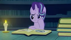 Size: 600x338 | Tagged: safe, artist:.derpy., derpibooru import, starlight glimmer, pony, unicorn, animated, book, bored, candle, g4, horn, image, library, magic, magic aura, png, reading, sitting, studying