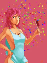 Size: 2479x3300 | Tagged: artist needed, safe, derpibooru import, pinkie pie, human, art pack:my little sweetheart, apron, chocolate, clothes, confetti, food, food on face, frosting, humanized, image, jpeg, naked apron, partial nudity, pink background, scraper, signature, simple background