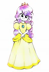 Size: 1412x2048 | Tagged: safe, artist:liaaqila, derpibooru import, sweetie belle, human, equestria girls, alternate hairstyle, clothes, commission, cosplay, costume, crown, cute, diasweetes, dress, female, g4, gown, hands together, image, jewelry, jpeg, poofy shoulders, princess peach, princess sweetie belle, regalia, simple background, smiling, solo, super mario bros., traditional art, white background