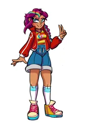 Size: 1450x2048 | Tagged: safe, artist:jully-park, derpibooru import, sunny starscout, human, g5, alternate design, clothes, cutie mark, cutie mark on clothes, female, humanized, image, jacket, jpeg, korean, moderate dark skin, moon runes, pants, peace sign, pose, purple hair, shoes, simple background, smiling, socks, solo, vest, white background