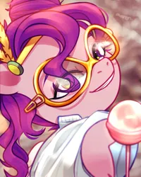 Size: 2254x2822 | Tagged: safe, artist:maren, derpibooru import, pipp petals, ponified, pegasus, pony, g5, aj bridel, candy, clothes, female, food, glasses, headband, image, lollipop, looking at you, mare, png, smiling, smiling at you, voice actor joke