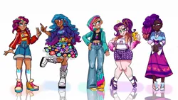 Size: 1280x720 | Tagged: safe, artist:jully-park, derpibooru import, izzy moonbow, pipp petals, sunny starscout, zipp storm, human, g5, adorapipp, adorasexy, african american, alternate design, blue eyelashes, cat ears, clothes, curly hair, cute, cutie mark, cutie mark on clothes, cyan eyes, dark skin, dress, eyebrows, female, fingernails, fit, flowing hair, hand on hip, human coloration, humanized, image, jacket, jpeg, korean, lesbian pride flag, light skin, looking at you, magenta eyes, mane stripe sunny, midriff, misty brightdawn, moderate dark skin, moon runes, multiple characters, one eye closed, pants, peace sign, phone, pose, pride, pride flag, purple hair, raised eyebrow, rebirth misty, sexy, shading, shadow, shoes, signature, simple background, skirt, slender, smiling, smiling at you, smirk, socks, solo, tanktop, thin, tongue out, two toned hair, vest, white background, wink