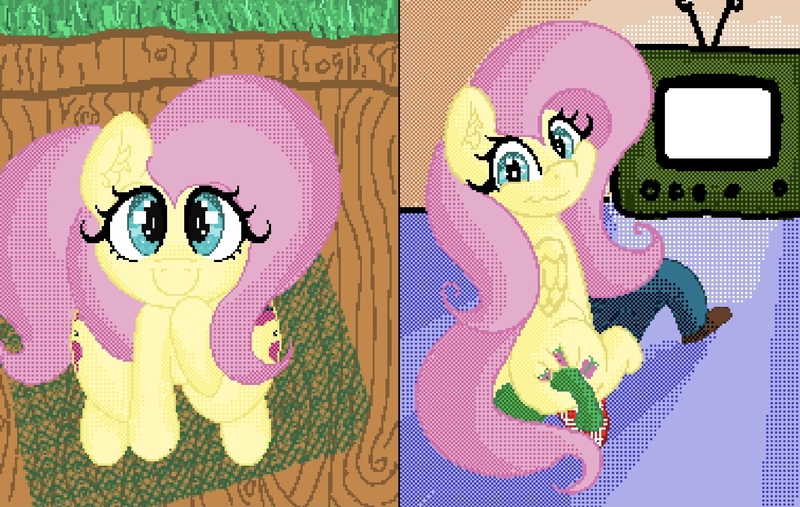 Size: 1824x1155 | Tagged: suggestive, artist:boneappleteeth, ponerpics import, fluttershy, faceful of ass, facesitting, image, jpeg, television