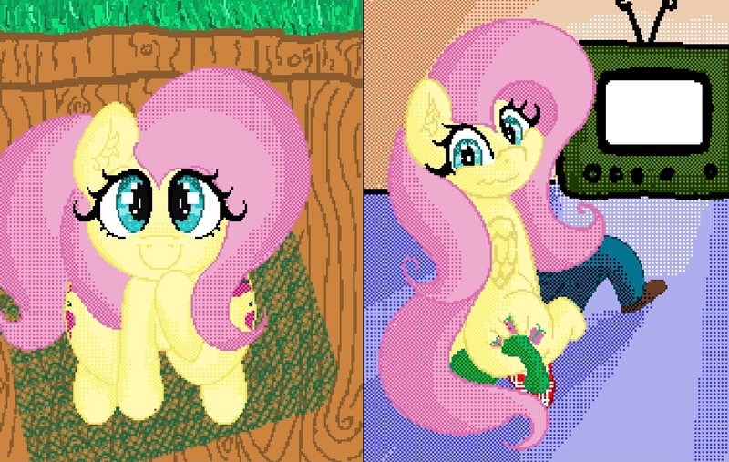 Size: 1824x1155 | Tagged: suggestive, artist:boneappleteeth, derpibooru import, fluttershy, oc, oc:anon, human, pegasus, pony, faceful of ass, facesitting, image, jpeg, looking at you, smiling, television