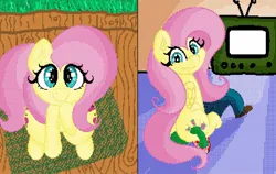 Size: 1824x1155 | Tagged: suggestive, artist:boneappleteeth, derpibooru import, fluttershy, oc, oc:anon, human, pegasus, pony, faceful of ass, facesitting, image, jpeg, looking at you, smiling, television
