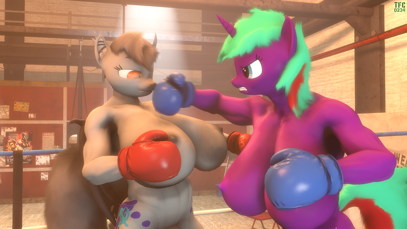 Size: 1920x1080 | Tagged: dead source, explicit, artist:tfc0234, banned from derpibooru, part of a set, oc, oc:anna dark, oc:connar strout, unofficial characters only, anthro, bat pony, plantigrade anthro, unicorn, 3d, angry, anthro oc, balls, bat wings, big breasts, boxing, boxing gloves, boxing ring, breasts, dodge, duo, duo futa, eyebrows, folded wings, frown, futa, futa only, gritted teeth, horsecock, huge breasts, image, impossibly large breasts, intersex, lidded eyes, looking at each other, motion blur, muscles, muscular futa, nipples, nudity, penis, png, punch, source filmmaker, sports, tail, unamused, wings