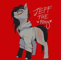 Size: 1190x1172 | Tagged: safe, artist:piesinful, derpibooru import, ponified, earth pony, pony, burn scar, burned, clothes, hoodie, image, jeff the killer, jpeg, male, meme, red background, scar, simple background, solo, stallion