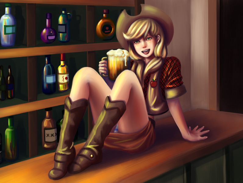 Size: 3300x2483 | Tagged: suggestive, artist:ninjaham, derpibooru import, applejack, human, art pack:my little sweetheart, alcohol, applejack's hat, bar, beer, boots, clothes, cowboy boots, cowboy hat, drink, hat, humanized, image, jpeg, panties, shoes, underwear