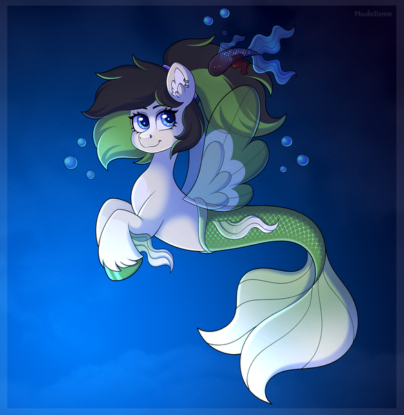 Size: 4000x4101 | Tagged: safe, artist:madelinne, derpibooru import, oc, unofficial characters only, fish, pony, sea pony, female, image, mare, png, solo, underwater, water, wings