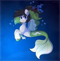 Size: 4000x4101 | Tagged: safe, artist:madelinne, derpibooru import, oc, unofficial characters only, fish, pony, sea pony, female, image, mare, png, solo, underwater, water, wings