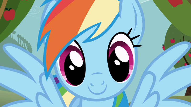 Size: 3840x2160 | Tagged: safe, derpibooru import, screencap, rainbow dash, pegasus, pony, season 1, the ticket master, apple, apple tree, cute, dashabetes, female, food, g4, image, looking at you, mare, outdoors, png, smiling, smiling at you, solo, spread wings, tree, wings