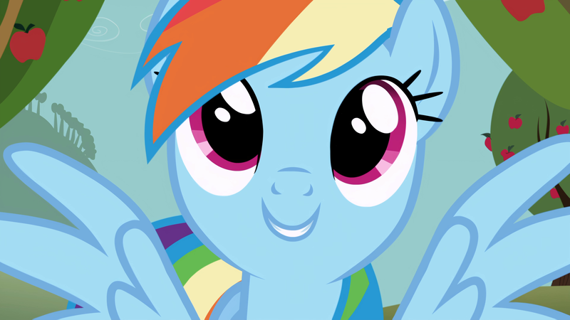 Size: 3840x2160 | Tagged: safe, derpibooru import, screencap, rainbow dash, pegasus, pony, season 1, the ticket master, apple, apple tree, cute, dashabetes, female, food, g4, image, looking up, mare, outdoors, png, smiling, solo, spread wings, tree, wings