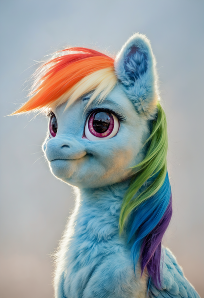 Size: 1664x2432 | Tagged: safe, ai content, derpibooru import, machine learning generated, prompter:greenvoid, stable diffusion, rainbow dash, pegasus, pony, bust, derpibooru exclusive, g4, generator:pony diffusion v6 xl, image, photorealistic, png, portrait