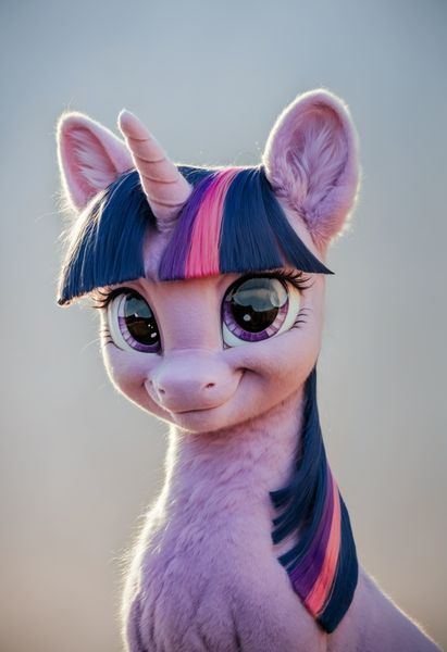 Size: 1664x2432 | Tagged: safe, ai content, derpibooru import, machine learning generated, prompter:greenvoid, stable diffusion, twilight sparkle, pony, unicorn, bust, derpibooru exclusive, g4, generator:pony diffusion v6 xl, horn, image, photorealistic, png, portrait, unicorn twilight