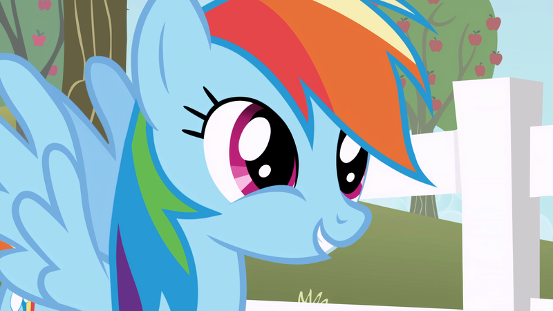 Size: 3840x2160 | Tagged: safe, derpibooru import, screencap, rainbow dash, pegasus, pony, season 1, the ticket master, apple, apple tree, cute, dashabetes, female, fence, food, g4, image, mare, outdoors, png, smiling, solo, spread wings, tree, wings